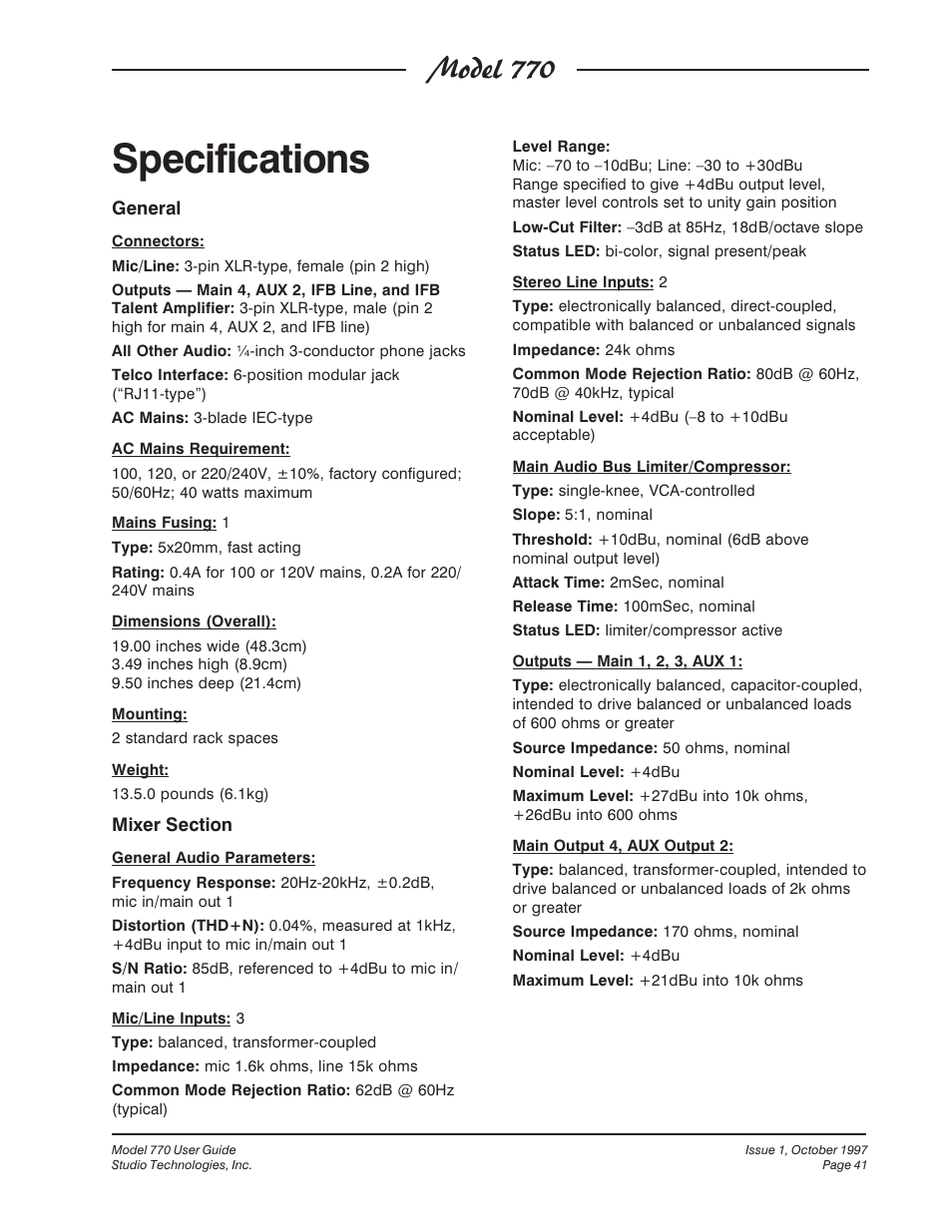 Specifications, Model 770 | Studio Technologies 770 User Manual | Page 41 / 53