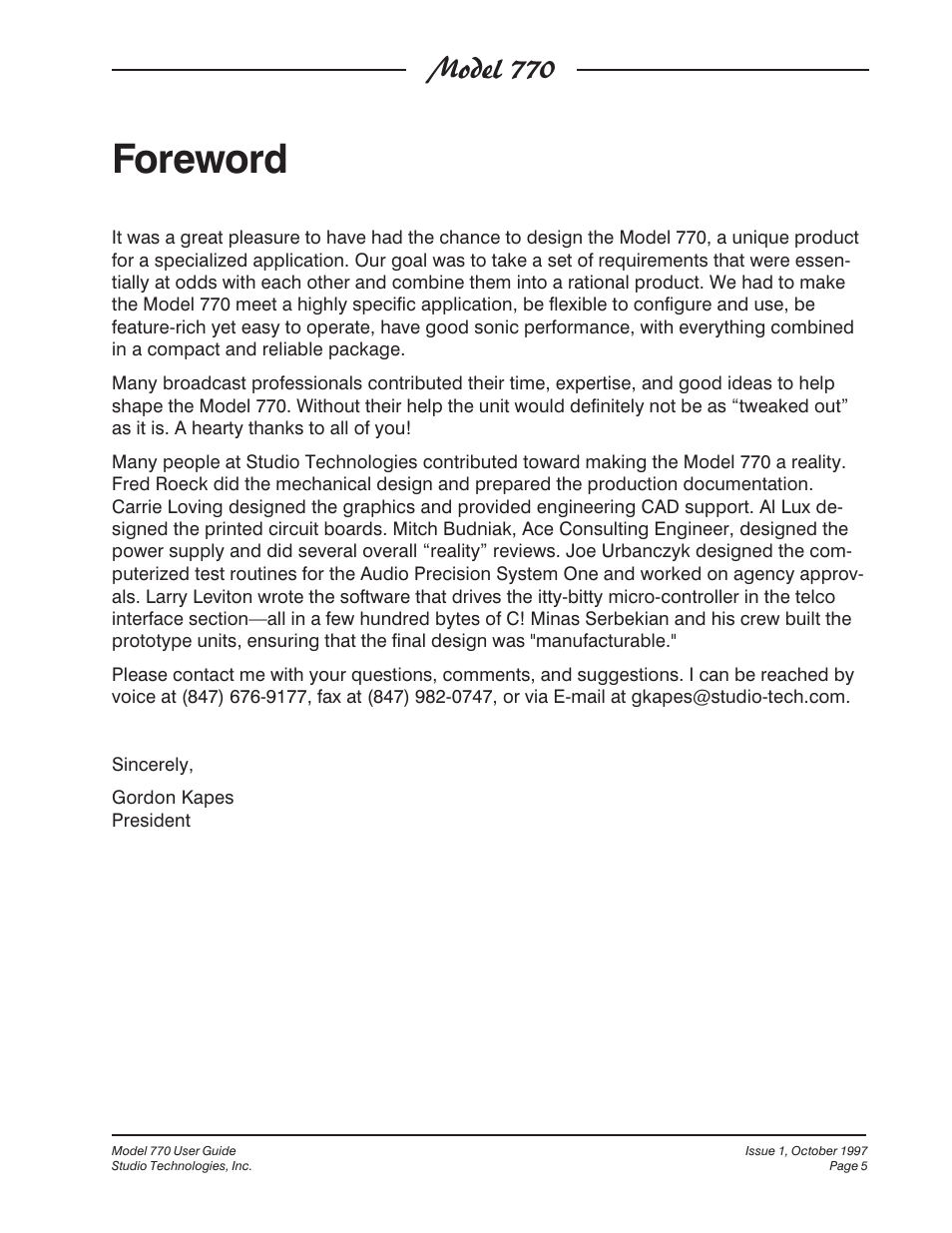 Foreword, Model 770 | Studio Technologies 770 User Manual | Page 5 / 53