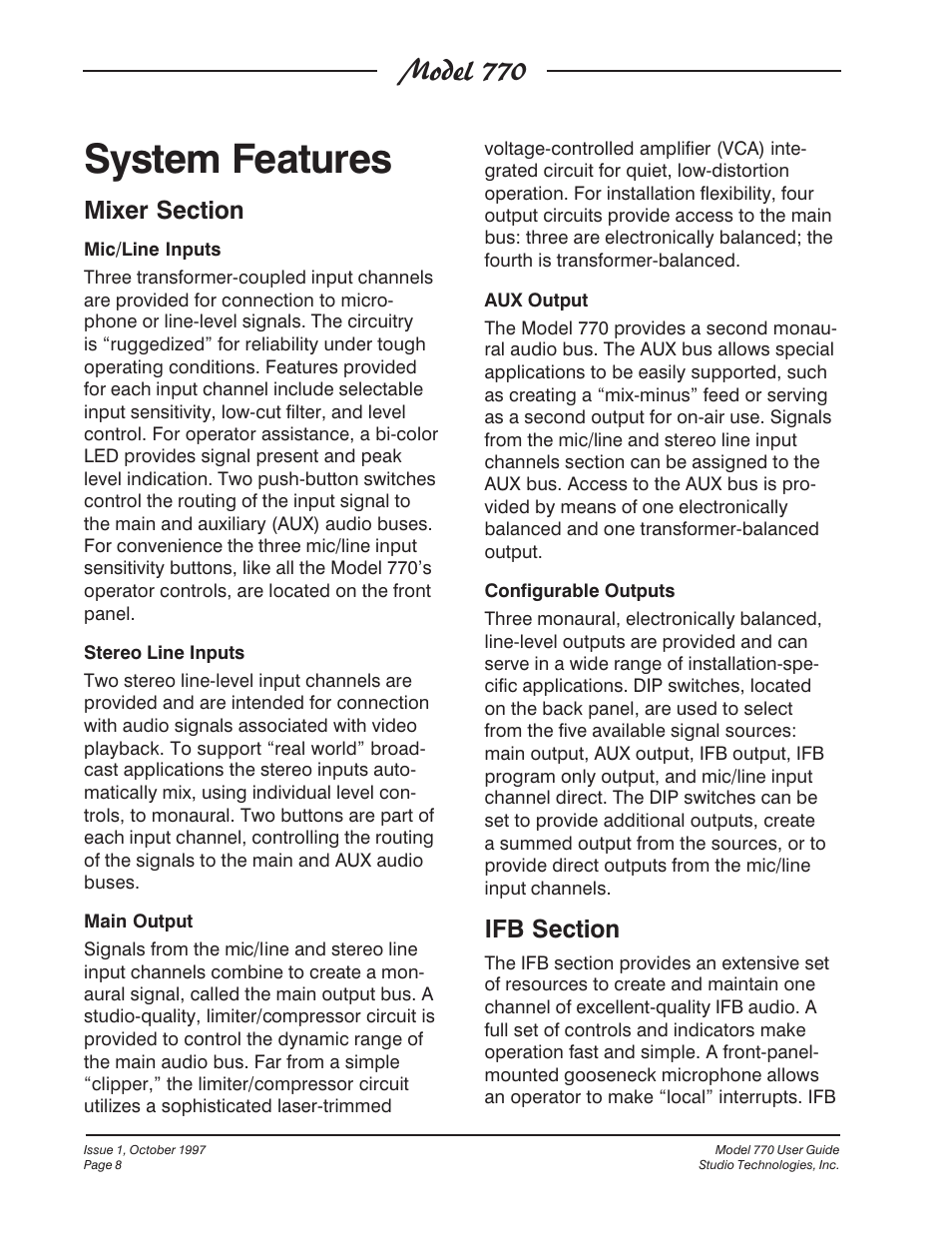 System features, Model 770 | Studio Technologies 770 User Manual | Page 8 / 53