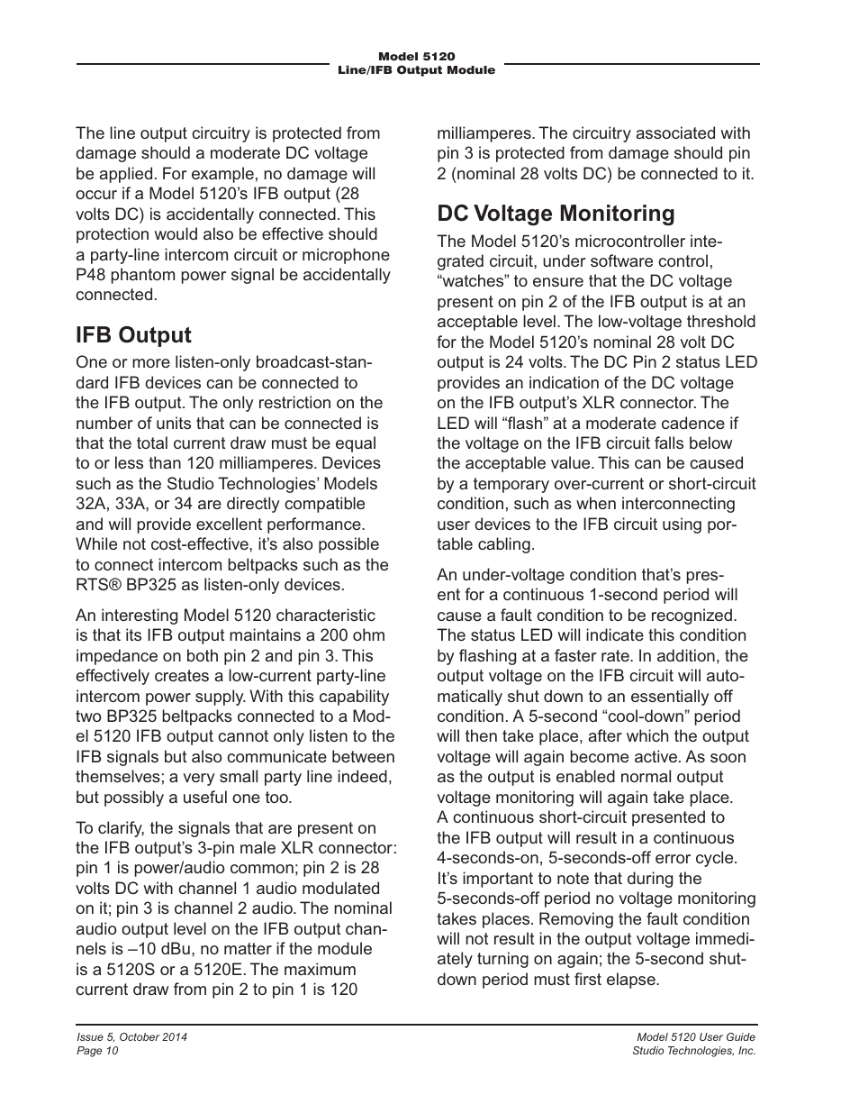 Ifb output, Dc voltage monitoring | Studio Technologies 5120 2014 User Manual | Page 10 / 19