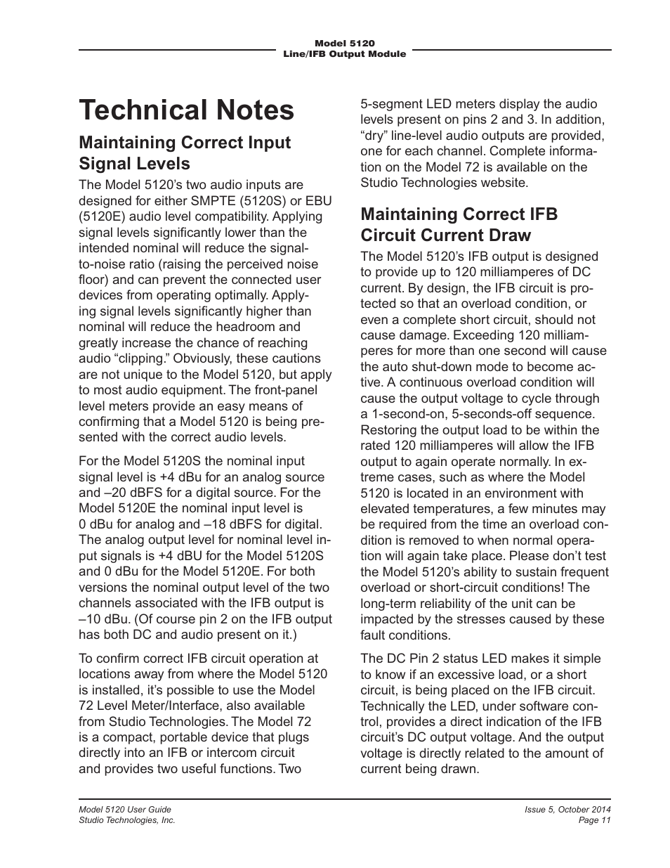 Maintaining correct input signal levels, Maintaining correct ifb circuit current draw | Studio Technologies 5120 2014 User Manual | Page 11 / 19