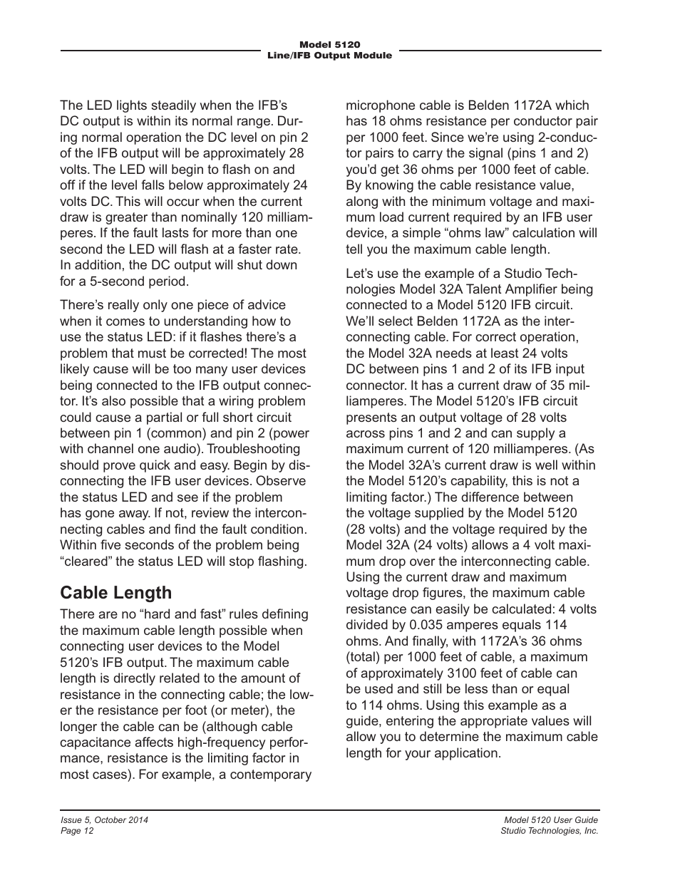 Cable length | Studio Technologies 5120 2014 User Manual | Page 12 / 19