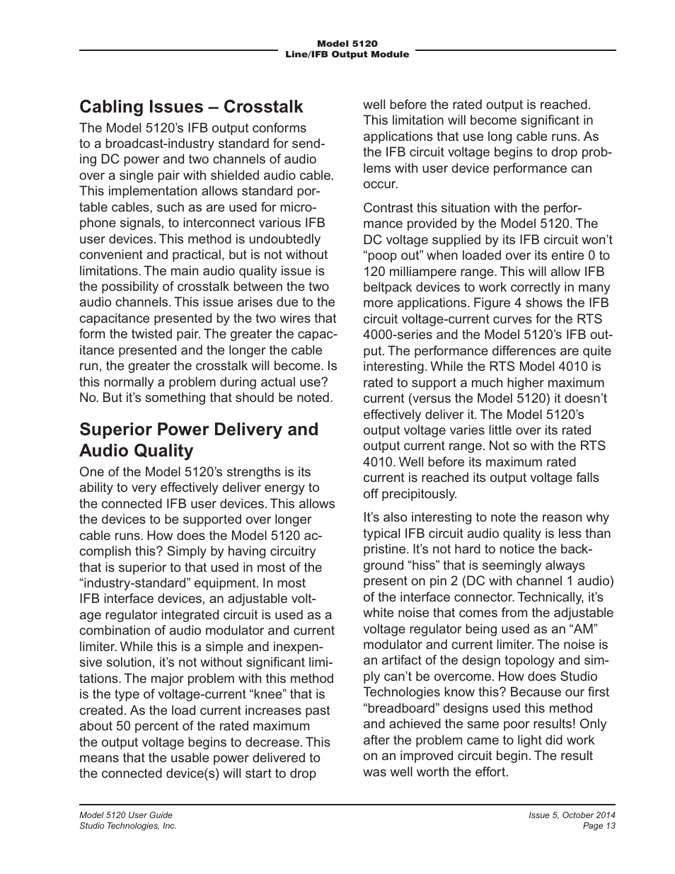 Cabling issues – crosstalk, Superior power delivery and audio quality | Studio Technologies 5120 2014 User Manual | Page 13 / 19