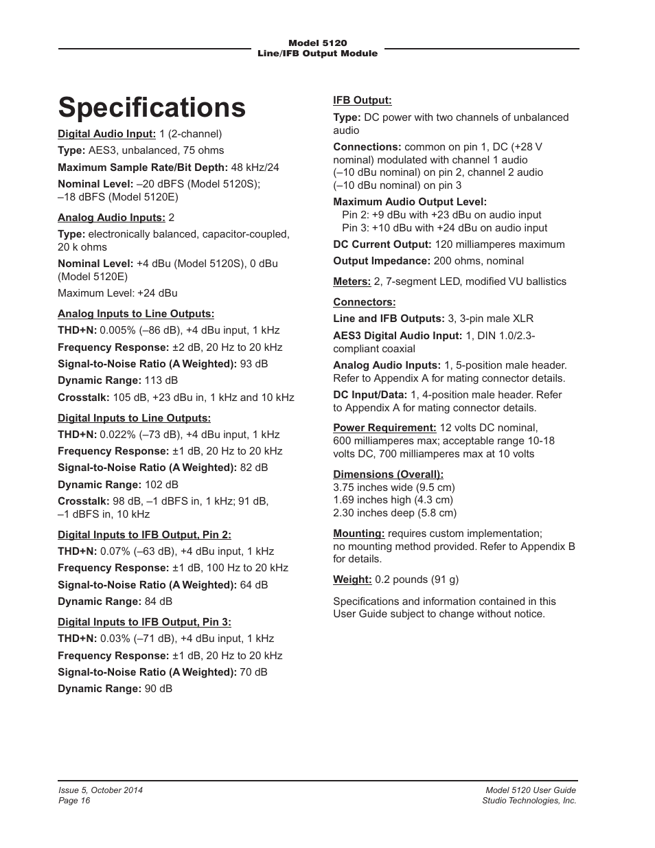 Speciﬁcations | Studio Technologies 5120 2014 User Manual | Page 16 / 19