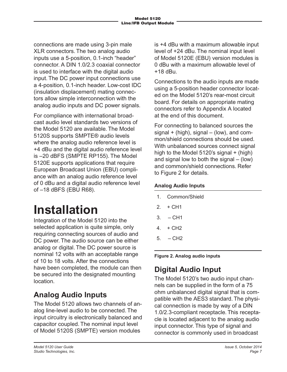 Installation, Analog audio inputs, Digital audio input | Studio Technologies 5120 2014 User Manual | Page 7 / 19
