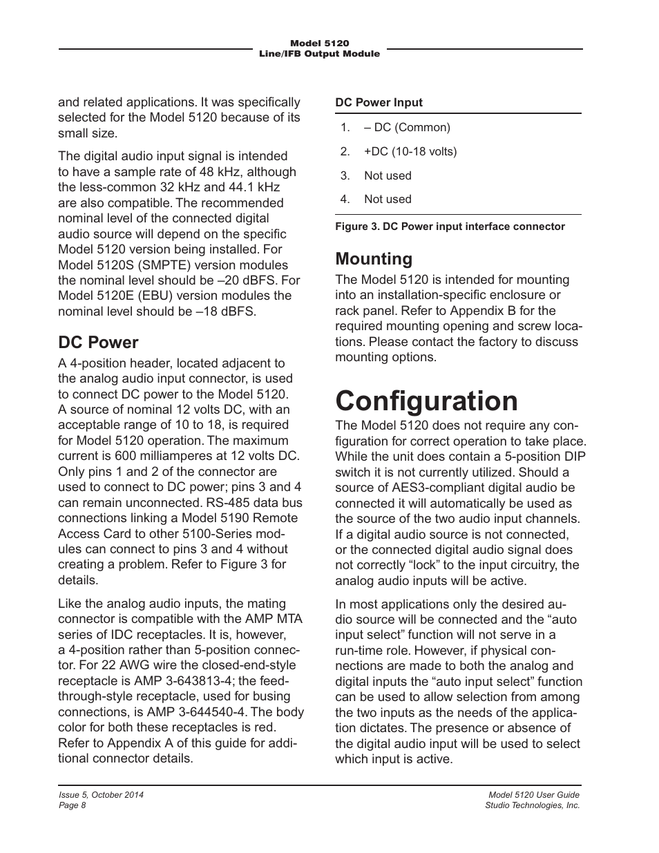 Conﬁguration, Dc power, Mounting | Studio Technologies 5120 2014 User Manual | Page 8 / 19