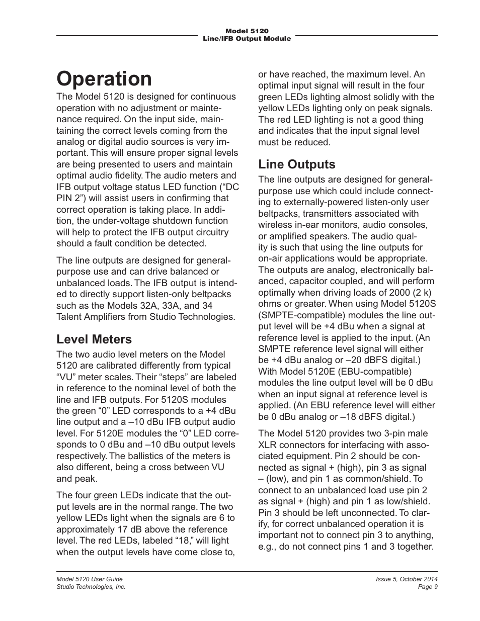 Operation, Level meters, Line outputs | Studio Technologies 5120 2014 User Manual | Page 9 / 19