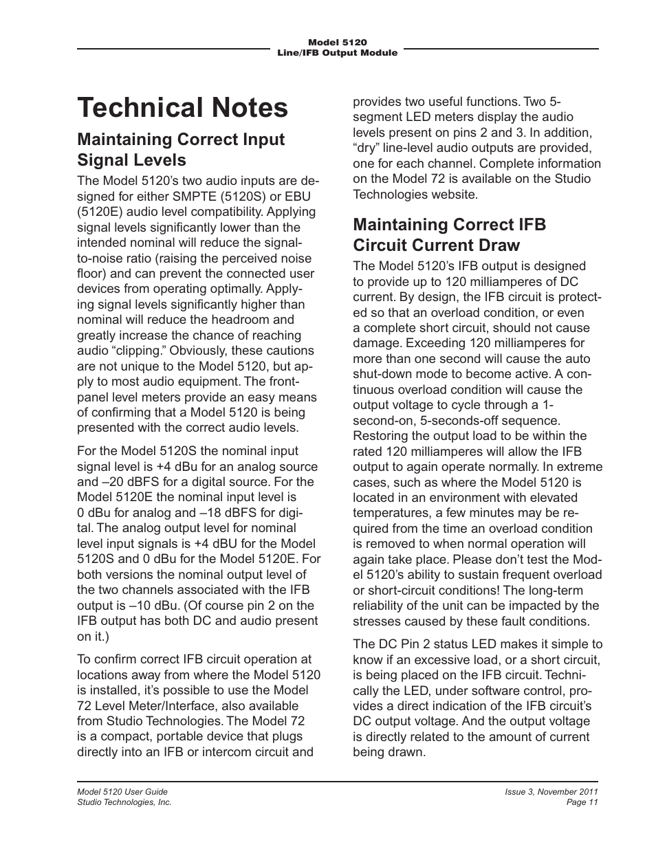 Maintaining correct input signal levels, Maintaining correct ifb circuit current draw | Studio Technologies 5120 2011 User Manual | Page 11 / 17