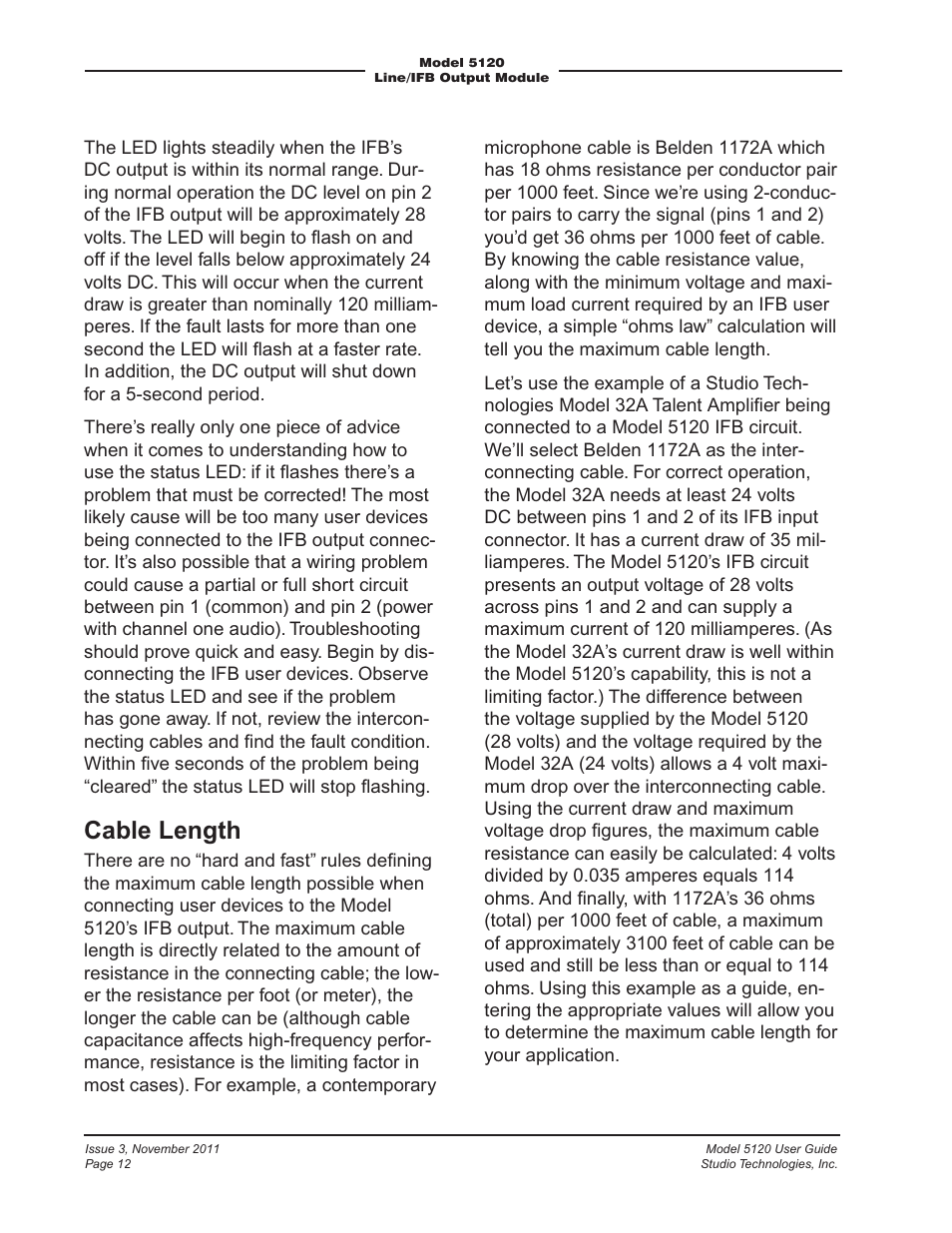 Cable length | Studio Technologies 5120 2011 User Manual | Page 12 / 17