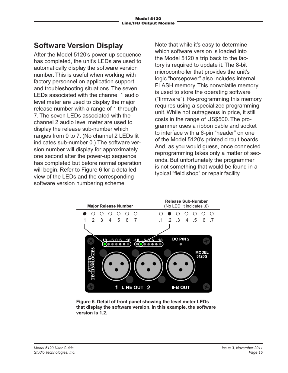 Software version display | Studio Technologies 5120 2011 User Manual | Page 15 / 17