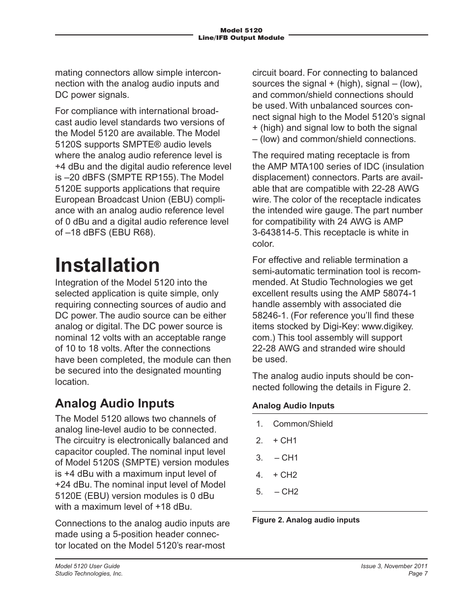 Installation, Analog audio inputs | Studio Technologies 5120 2011 User Manual | Page 7 / 17
