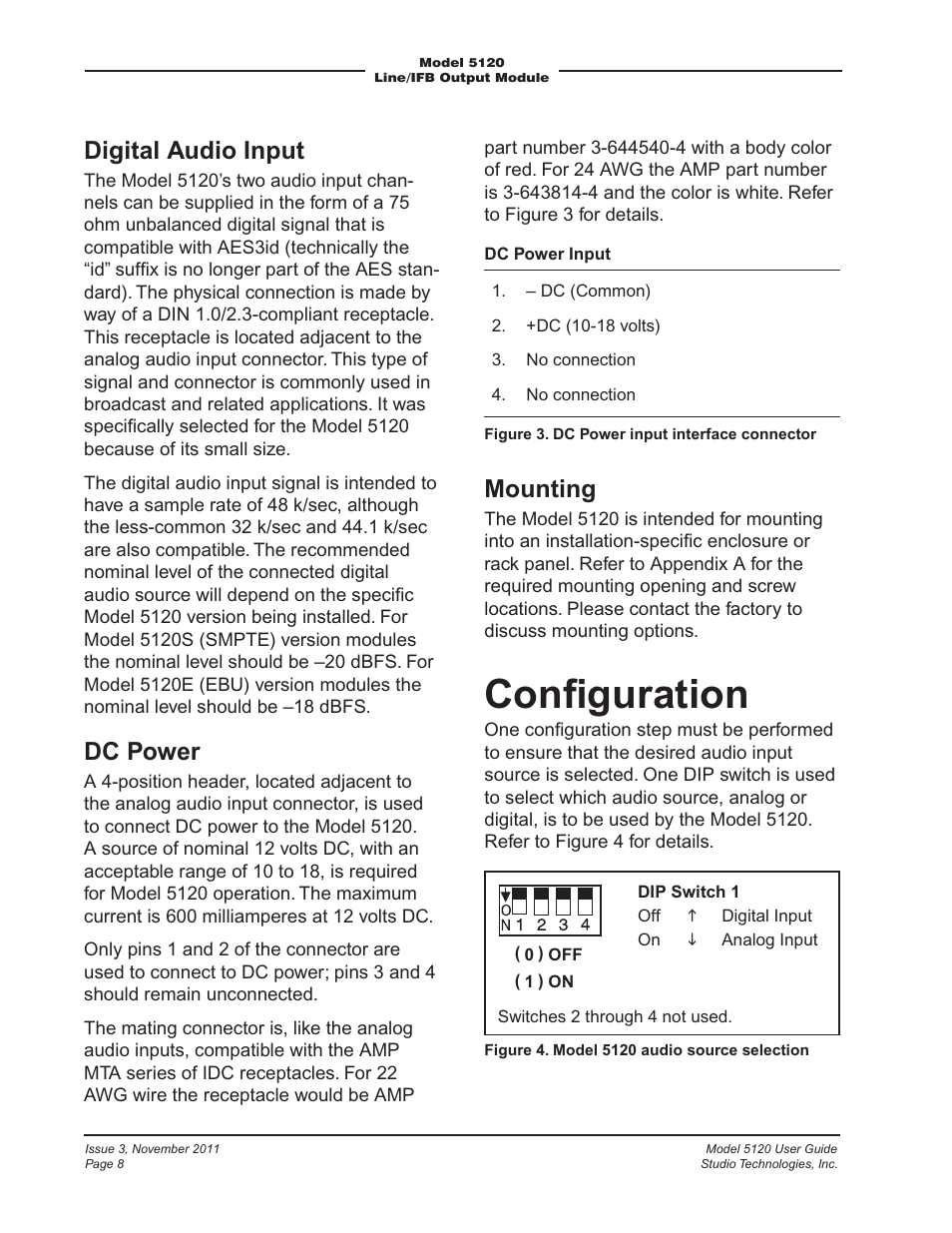 Conﬁguration, Digital audio input, Dc power | Mounting | Studio Technologies 5120 2011 User Manual | Page 8 / 17