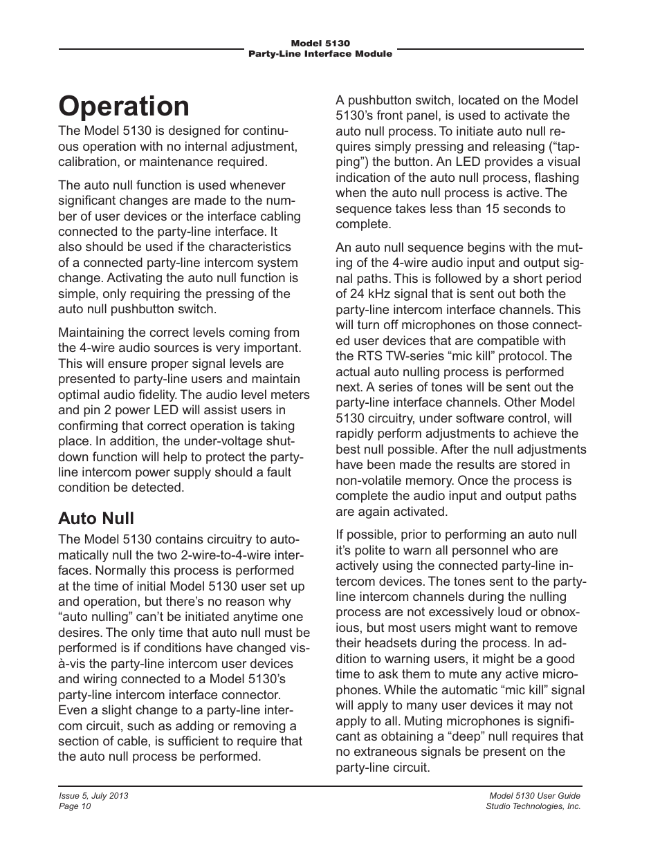 Operation, Auto null | Studio Technologies 5130 2013 User Manual | Page 10 / 21