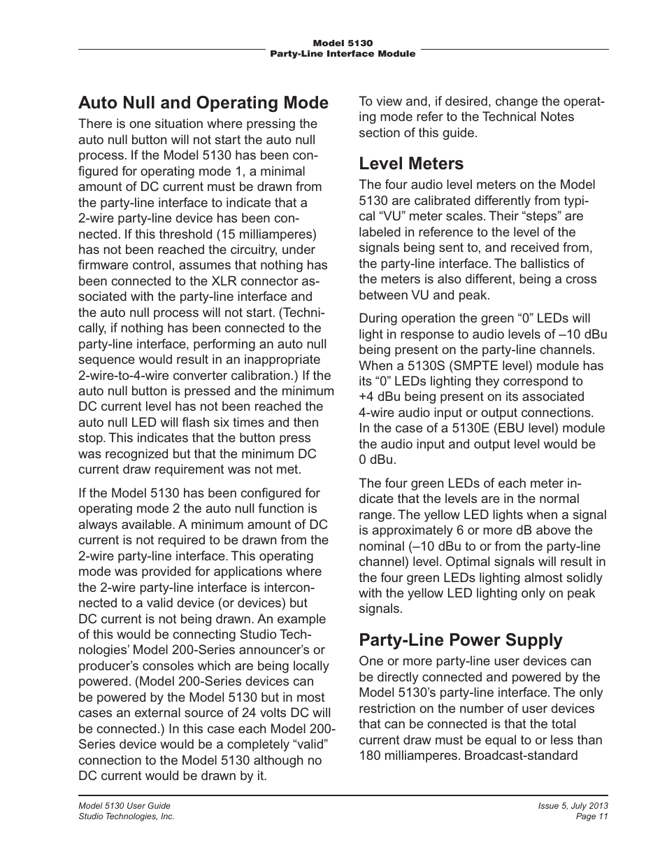 Auto null and operating mode, Level meters, Party-line power supply | Studio Technologies 5130 2013 User Manual | Page 11 / 21