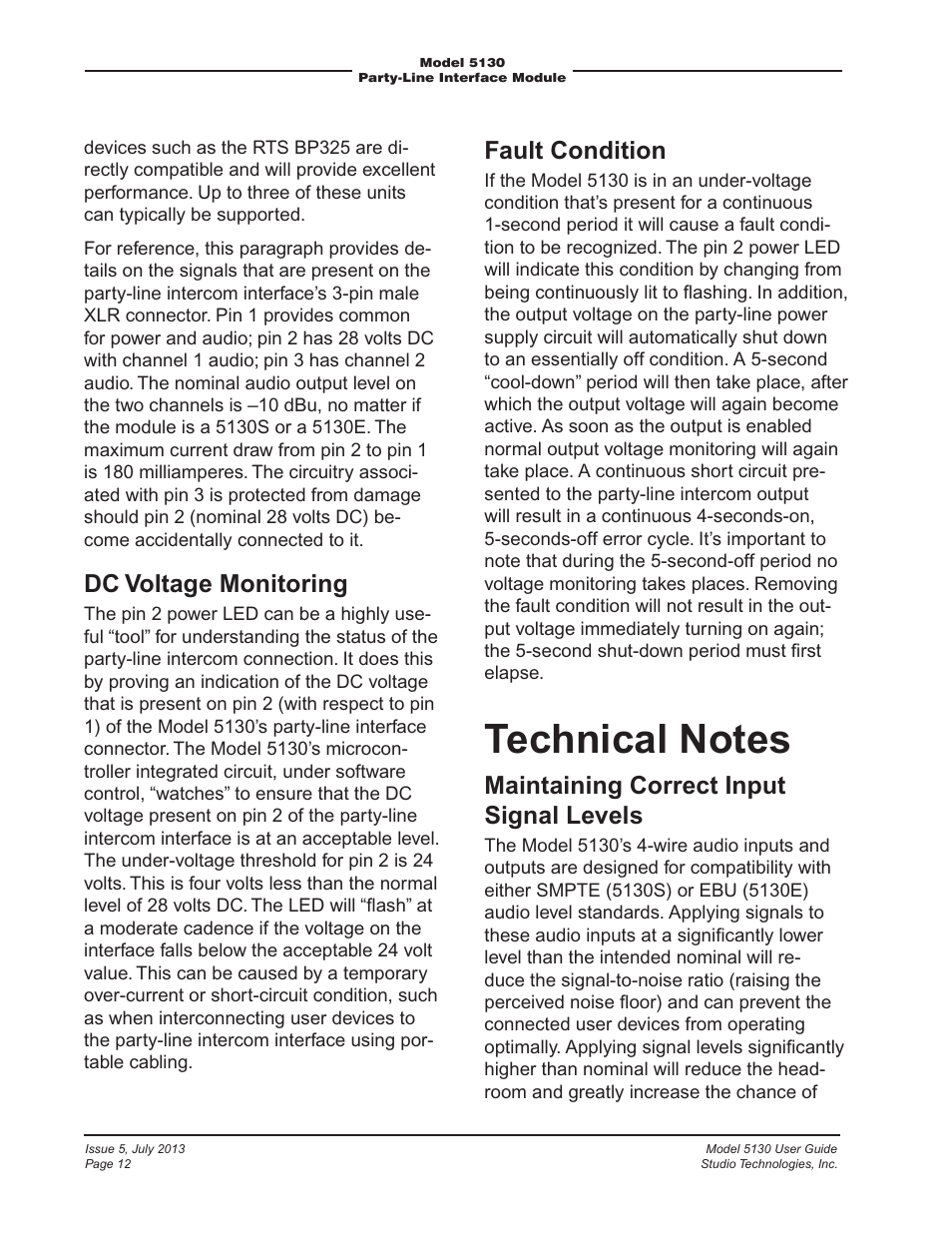 Dc voltage monitoring, Fault condition, Maintaining correct input signal levels | Studio Technologies 5130 2013 User Manual | Page 12 / 21