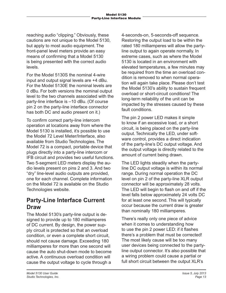 Party-line interface current draw | Studio Technologies 5130 2013 User Manual | Page 13 / 21