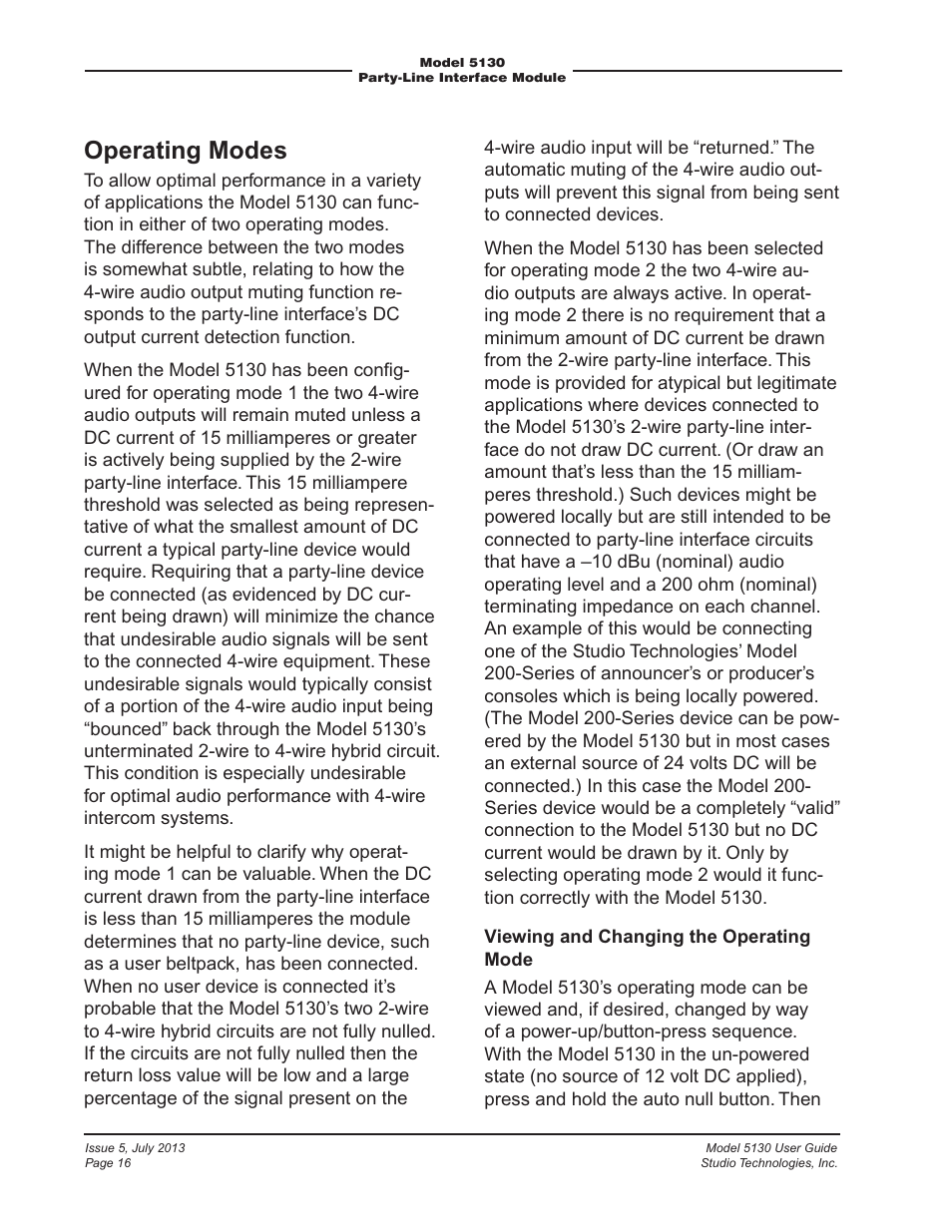 Operating modes | Studio Technologies 5130 2013 User Manual | Page 16 / 21