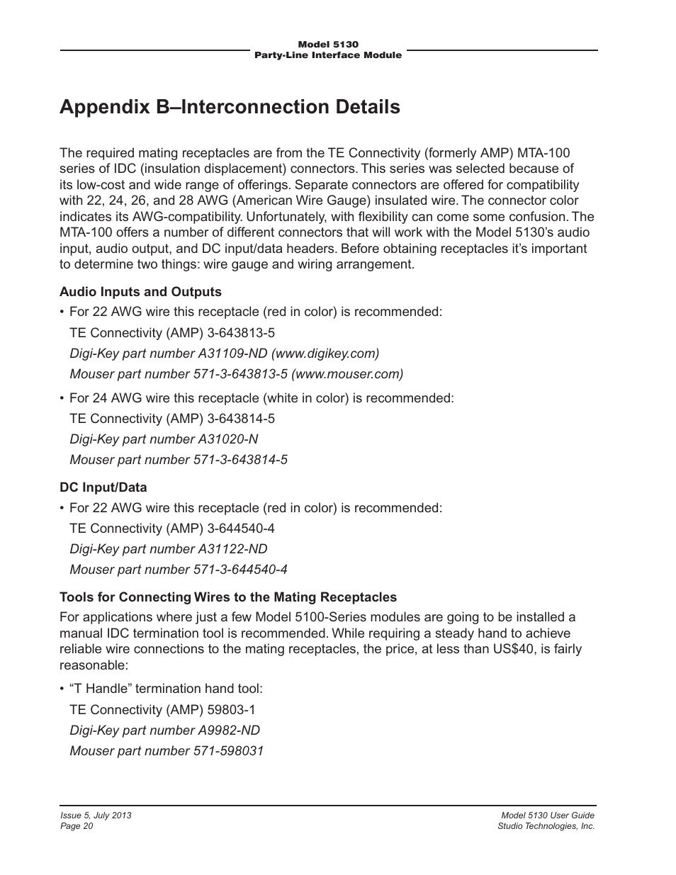 Appendix b–interconnection details | Studio Technologies 5130 2013 User Manual | Page 20 / 21