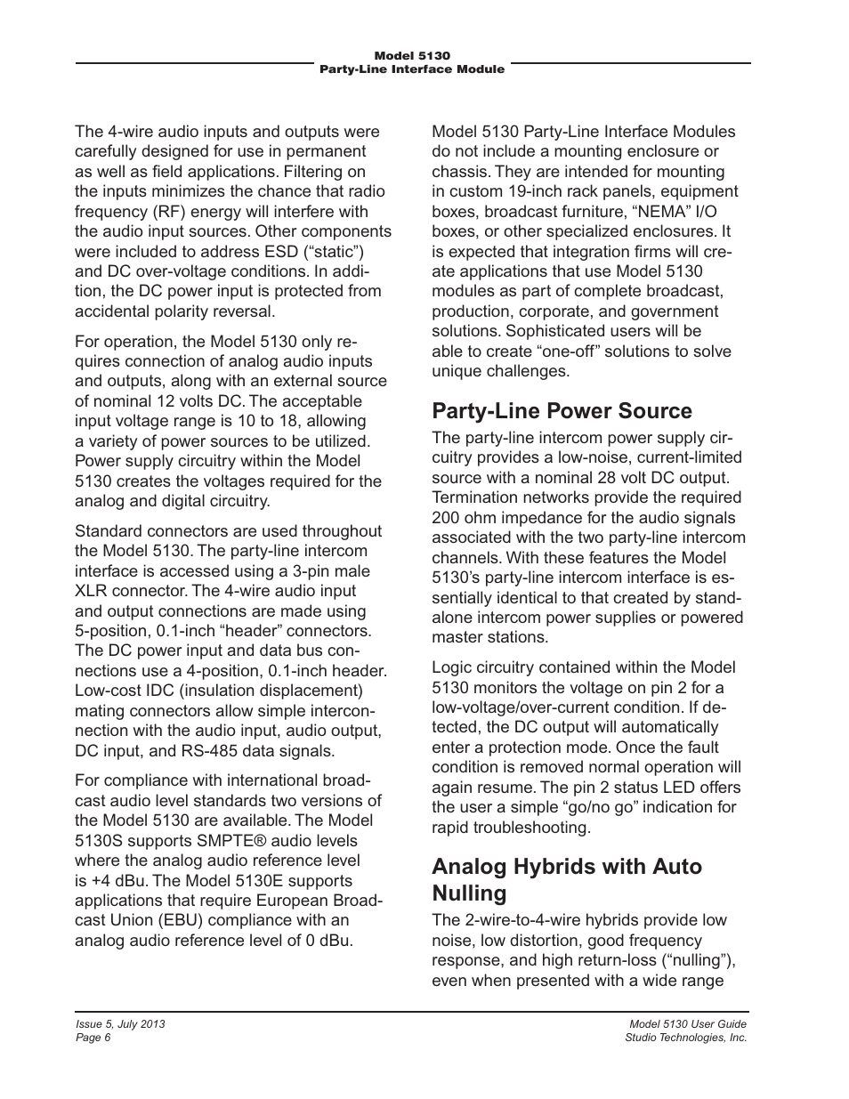 Party-line power source, Analog hybrids with auto nulling | Studio Technologies 5130 2013 User Manual | Page 6 / 21