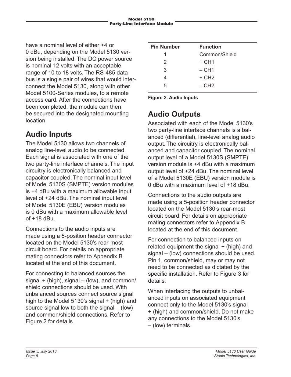 Audio inputs, Audio outputs | Studio Technologies 5130 2013 User Manual | Page 8 / 21