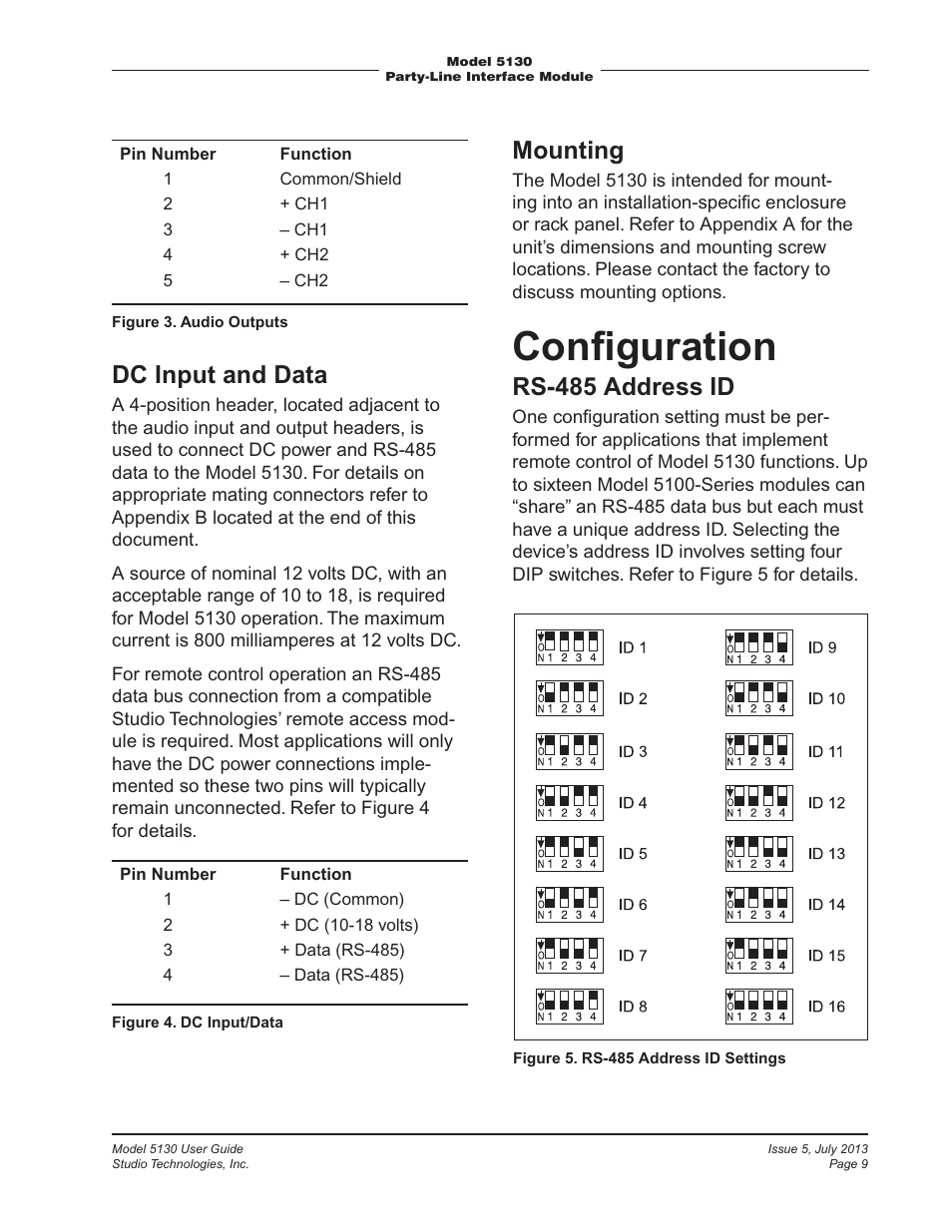 Conﬁguration, Dc input and data, Mounting | Rs-485 address id | Studio Technologies 5130 2013 User Manual | Page 9 / 21