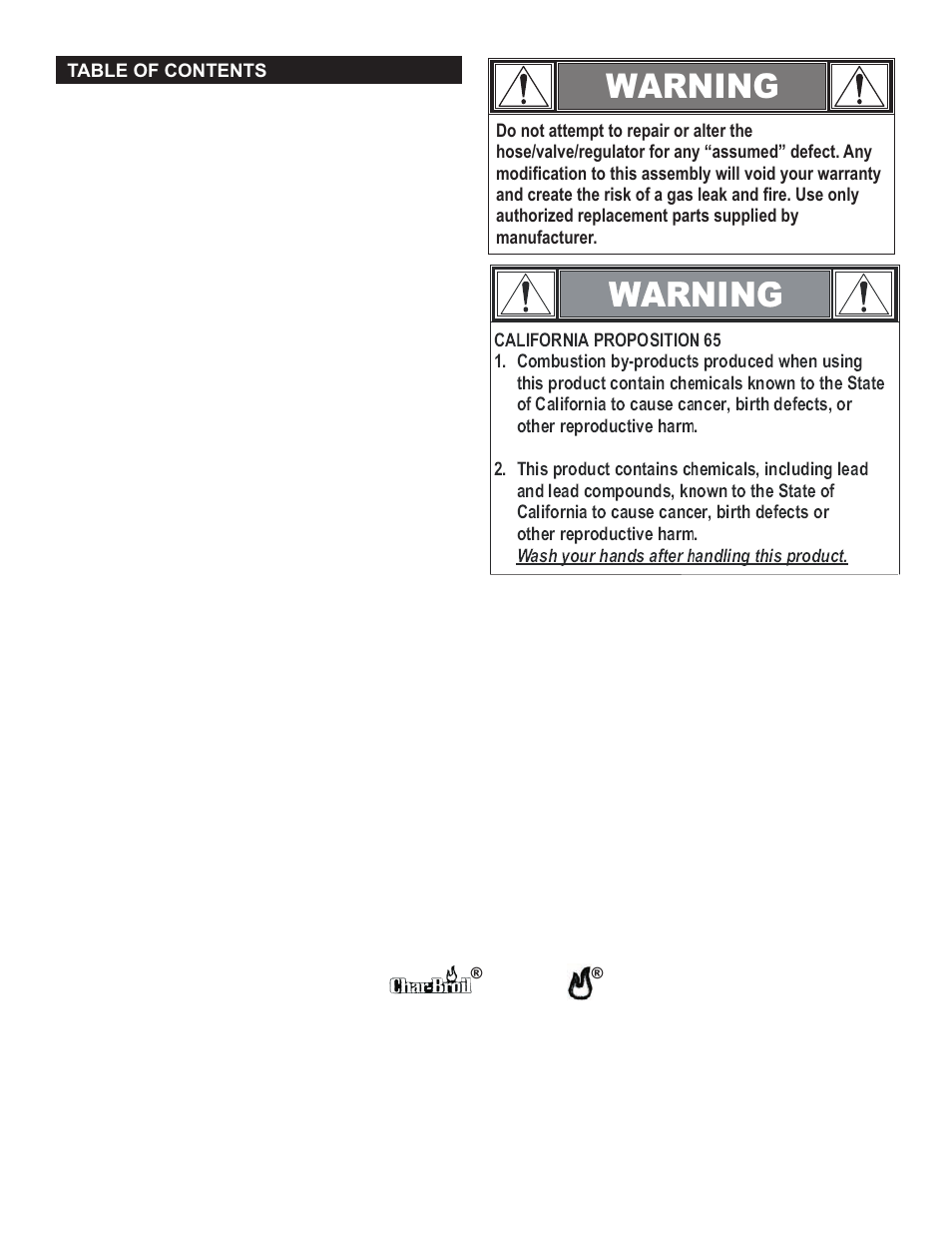 Warning | Char-Broil CB600X 10201597-50 User Manual | Page 3 / 24