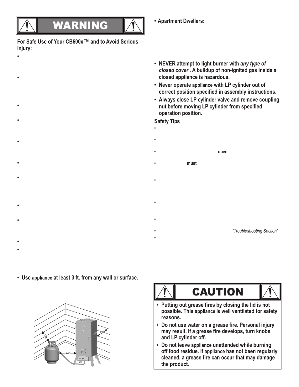 Warning, Caution | Char-Broil CB600X 10201597-50 User Manual | Page 7 / 24