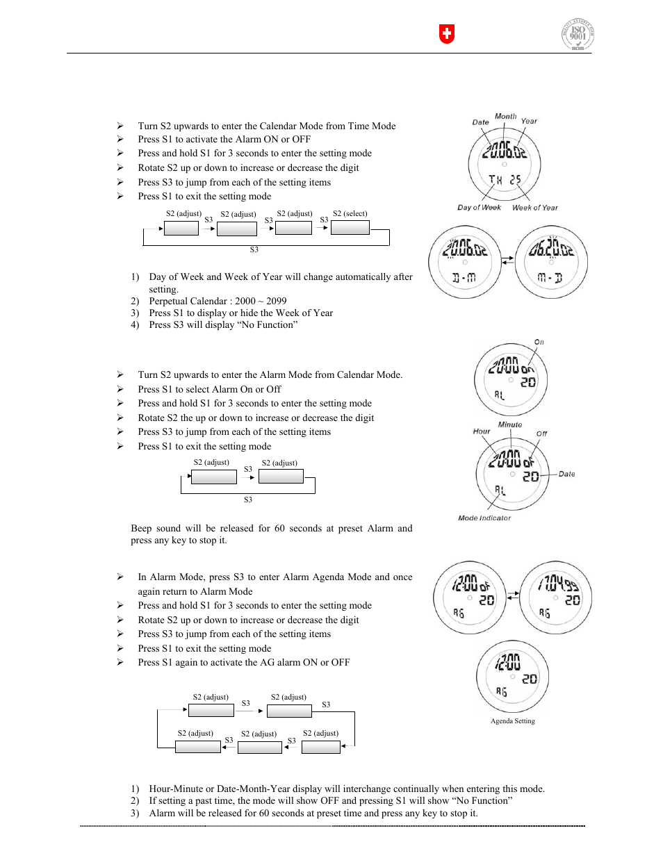 Calendar mode, Alarm mode, Remark | For alarm agenda | Stührling AD101-1 User Manual | Page 2 / 4