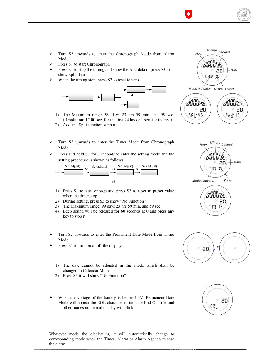 Chronograph, Count-down timer, Permanent date | End of life indicated, General feature | Stührling AD101-1 User Manual | Page 3 / 4