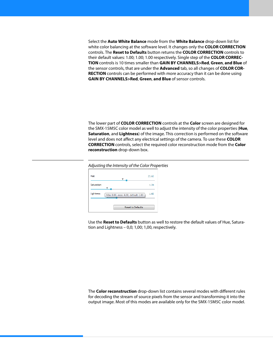 9 color correction, 10 advanced camera controls, 1 color reconstruction modes | Sumix SMX-15M5x User Manual | Page 36 / 60