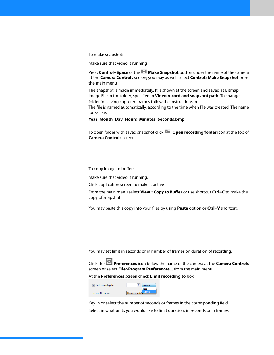 1 making snapshots, 2 copying images to buffer, 3 limit recording | Limit, Recording | Sumix SMX-15M5x User Manual | Page 43 / 60