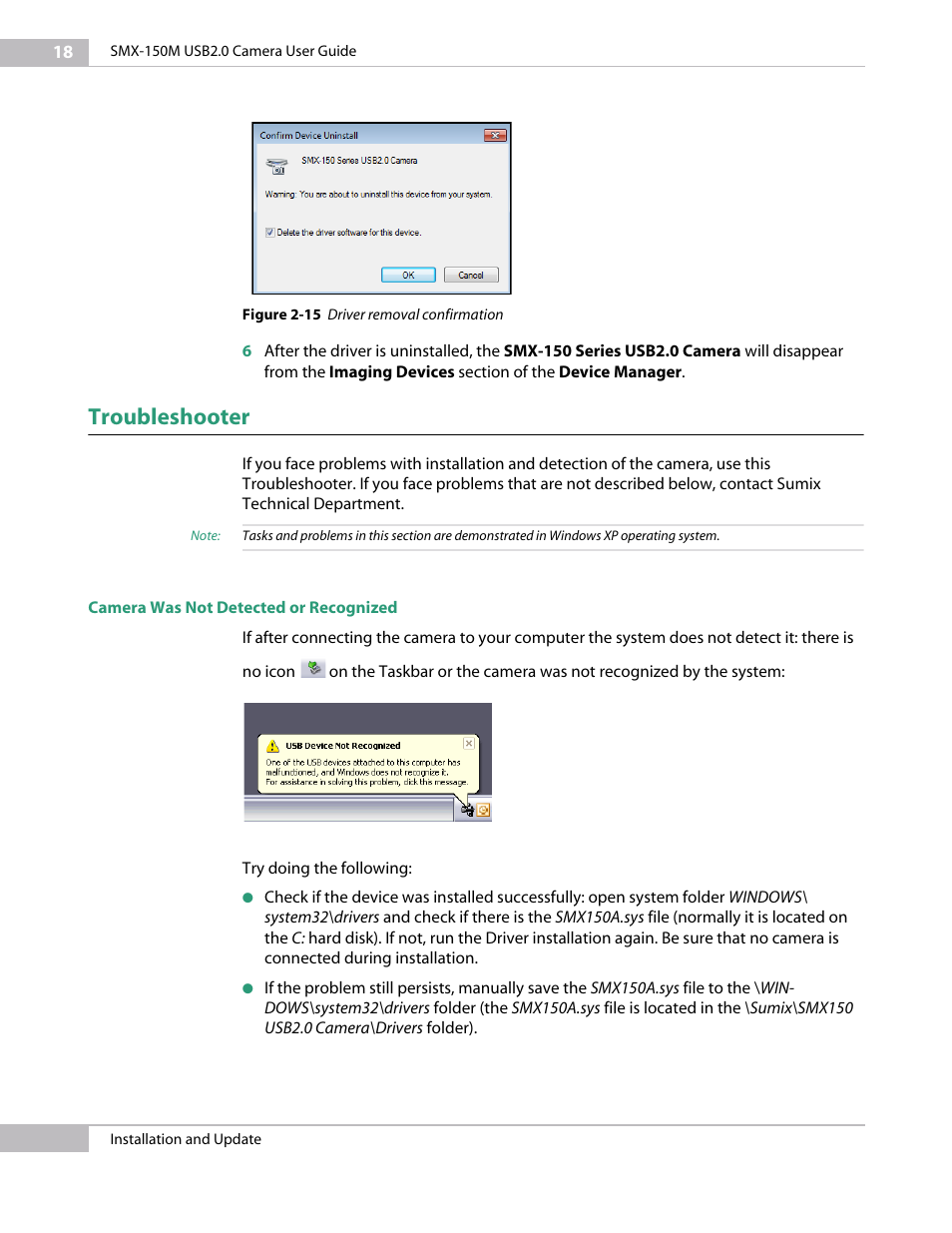 Troubleshooter, Camera was not detected or recognized, The camera installation, see | Sumix SMX-150M User Manual | Page 18 / 100
