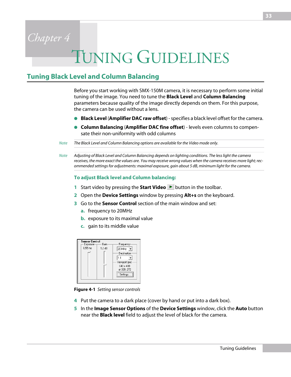 Tuning guidelines, Tuning black level and column balancing, Chapter 4 tu | Uning, Uidelines, Chapter 4 | Sumix SMX-150M User Manual | Page 33 / 100