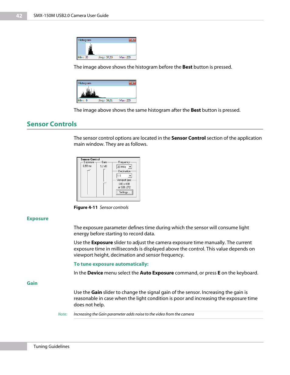 Sensor controls, Exposure, Gain | Exposure gain | Sumix SMX-150M User Manual | Page 42 / 100