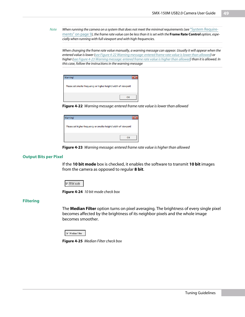 Output bits per pixel, Filtering, Output bits per pixel filtering | Sumix SMX-150M User Manual | Page 49 / 100