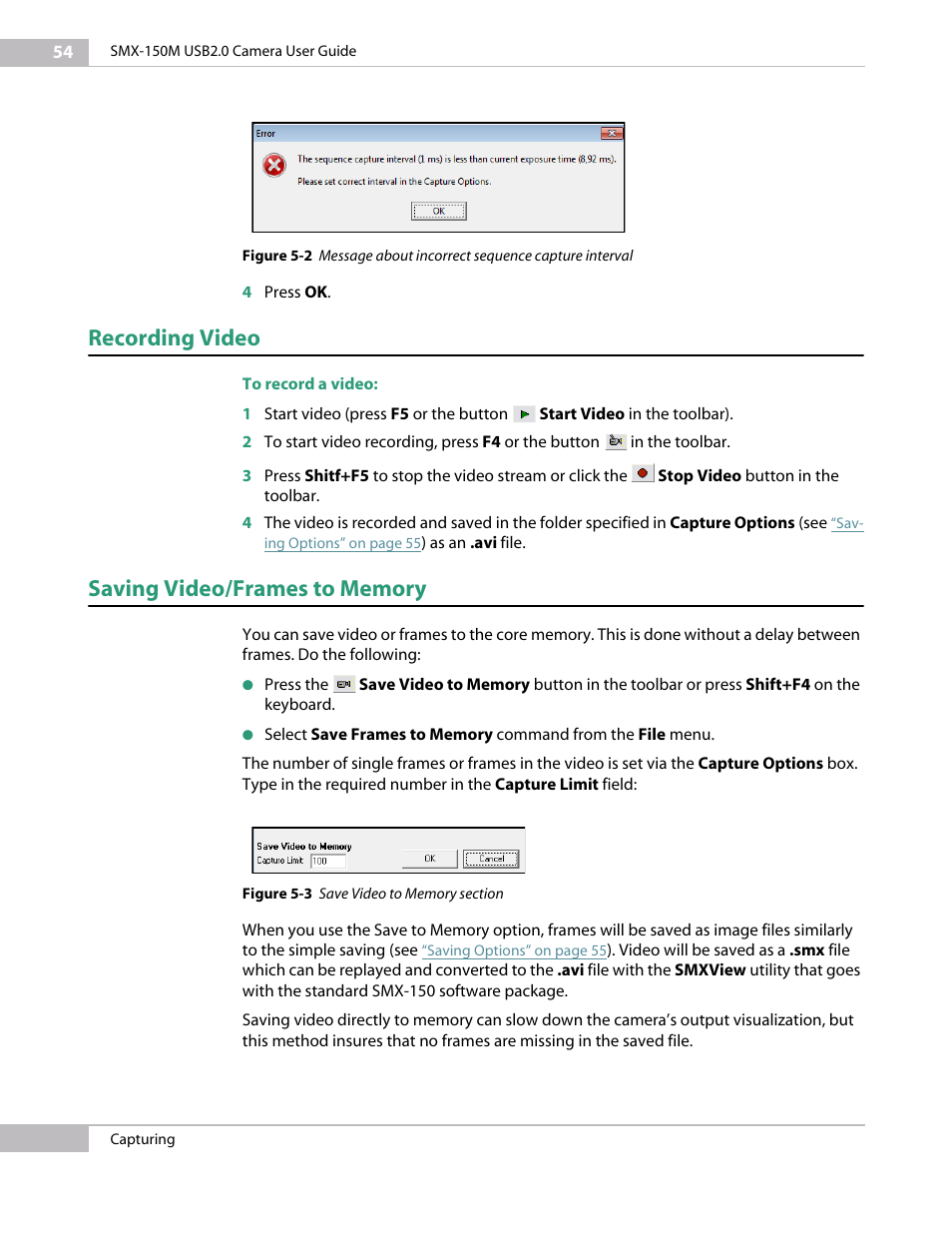Recording video, Saving video/frames to memory | Sumix SMX-150M User Manual | Page 54 / 100