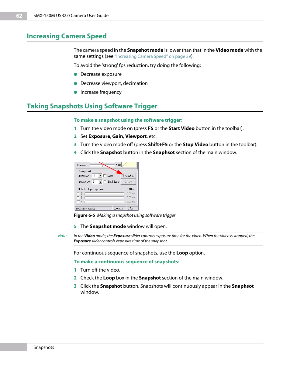 Increasing camera speed, Taking snapshots using software trigger | Sumix SMX-150M User Manual | Page 62 / 100