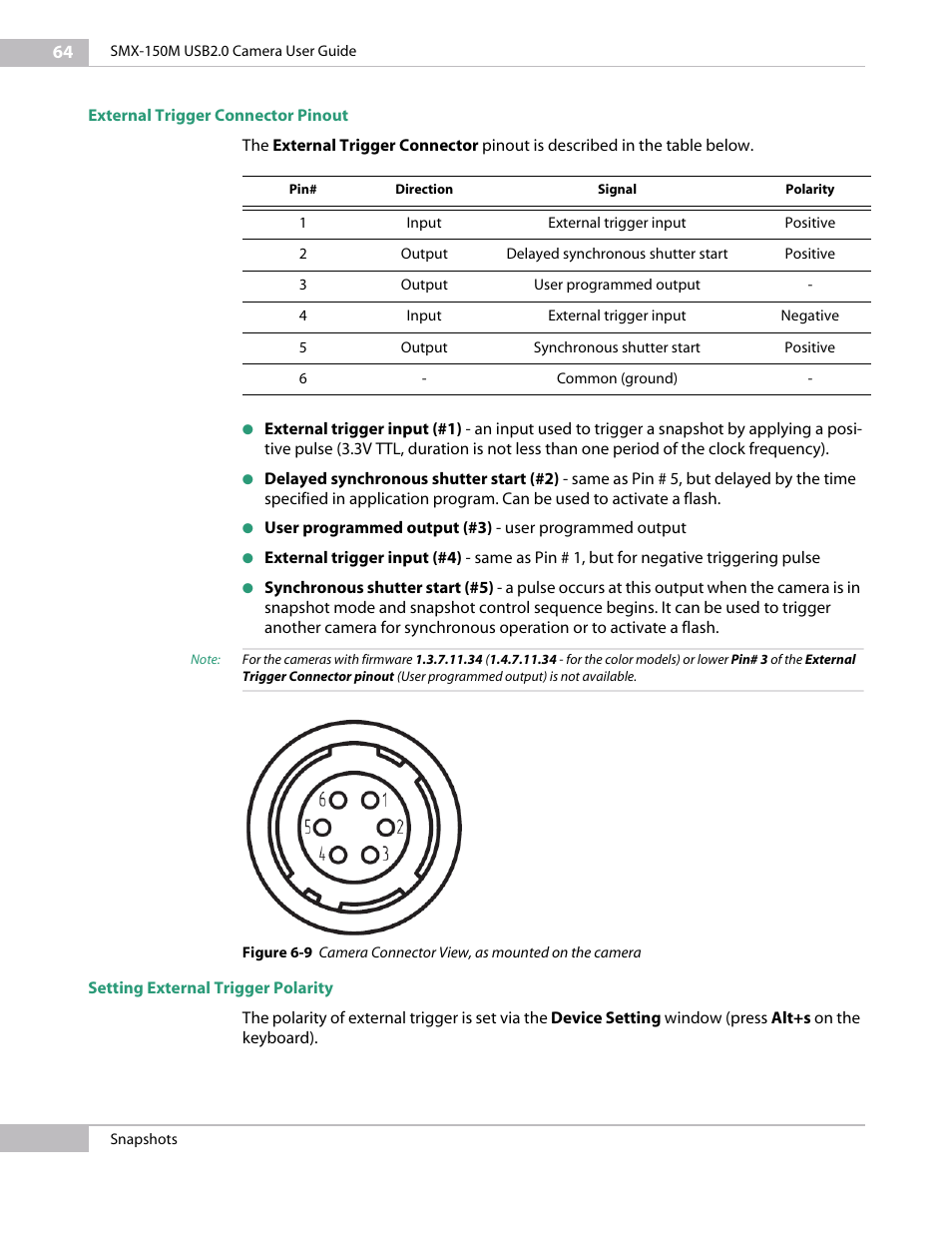 External trigger connector pinout, Setting external trigger polarity | Sumix SMX-150M User Manual | Page 64 / 100