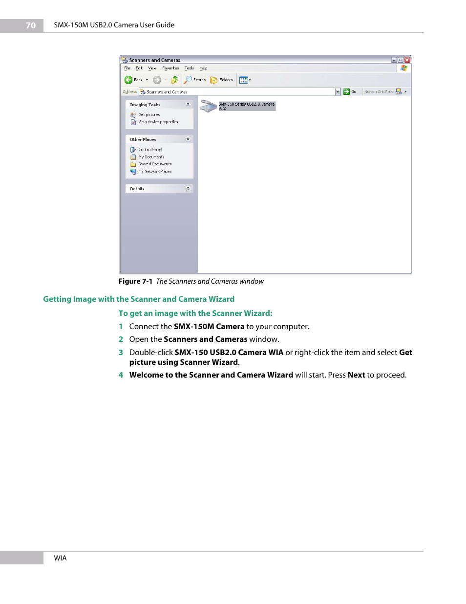 Getting image with the scanner and camera wizard | Sumix SMX-150M User Manual | Page 70 / 100