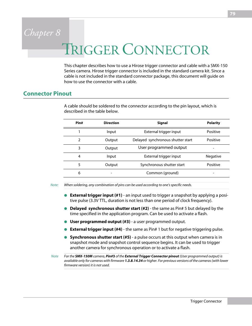 Trigger connector, Connector pinout, Chapter 8 tr | Rigger, Onnector, Chapter 8 | Sumix SMX-150M User Manual | Page 79 / 100