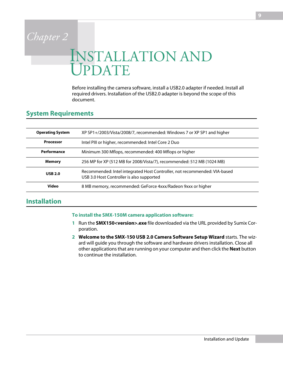 Installation and update, System requirements, Installation | Chapter 2 installatio, Nstallation, Pdate, Chapter 2 | Sumix SMX-150M User Manual | Page 9 / 100