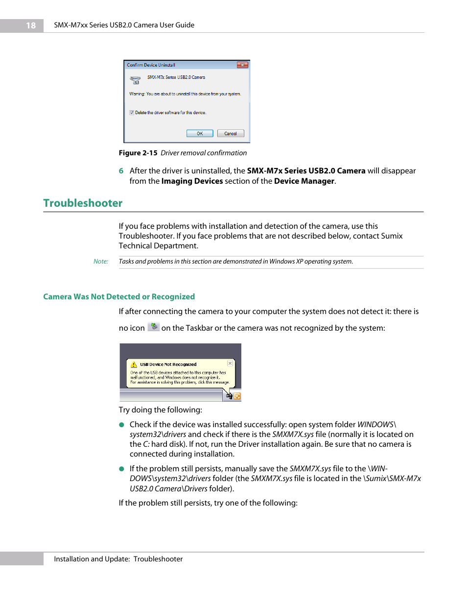Troubleshooter, Camera was not detected or recognized, The camera installation, see | Sumix SMX-M7xx User Manual | Page 18 / 98