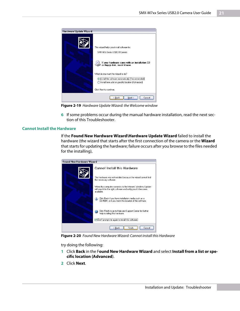 Cannot install the hardware | Sumix SMX-M7xx User Manual | Page 21 / 98