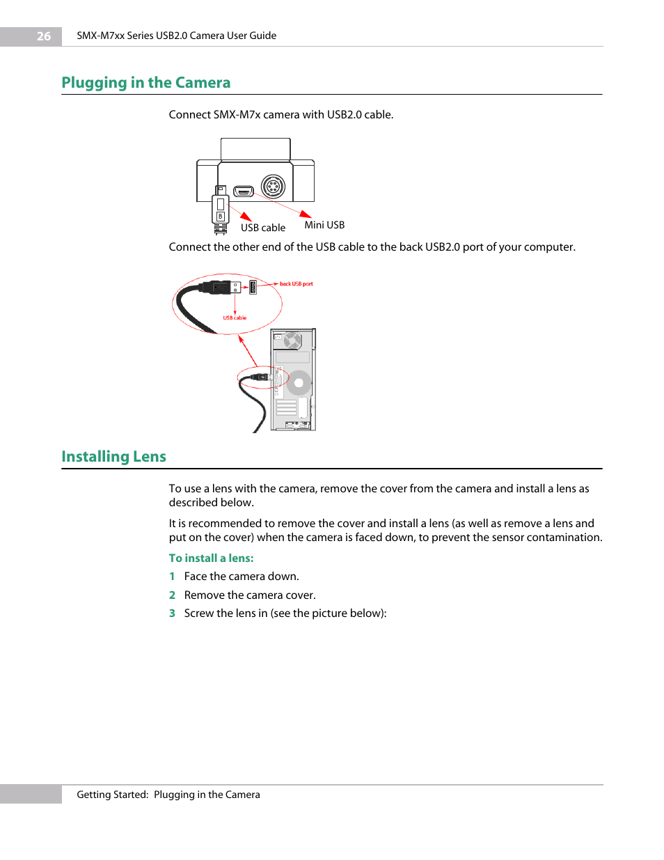 Plugging in the camera, Installing lens | Sumix SMX-M7xx User Manual | Page 26 / 98
