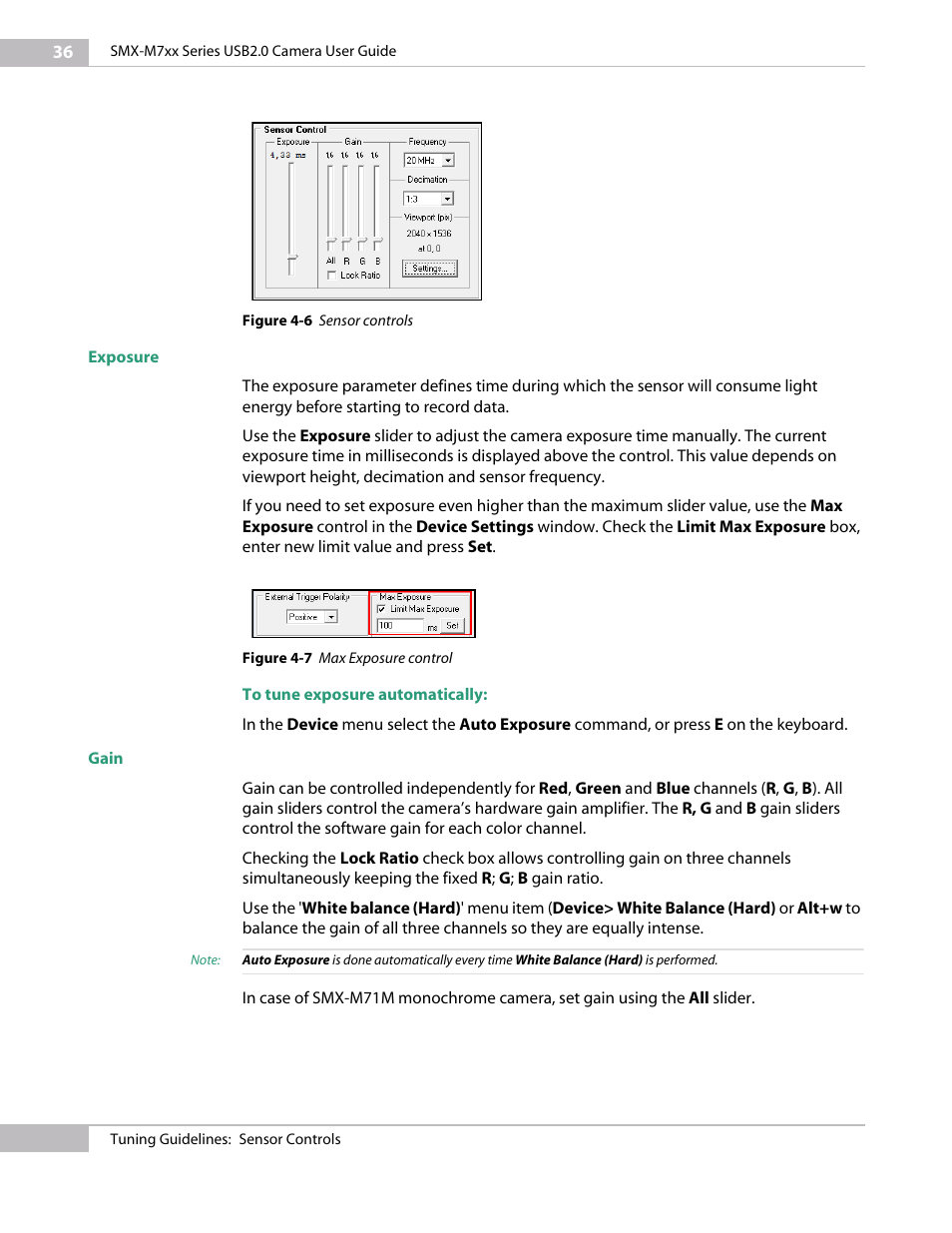 Exposure, Gain, Exposure gain | Sumix SMX-M7xx User Manual | Page 36 / 98