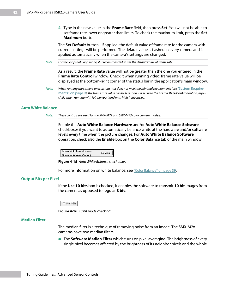 Auto white balance, Output bits per pixel, Median filter | Sumix SMX-M7xx User Manual | Page 42 / 98