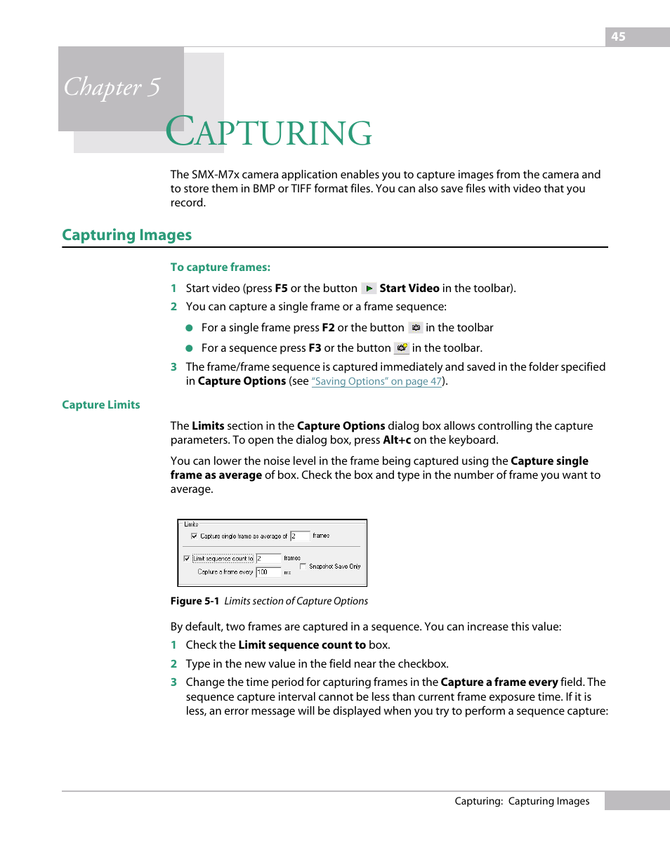 Capturing, Capturing images, Capture limits | Chapter 5 captu, Apturing, Chapter 5 | Sumix SMX-M7xx User Manual | Page 45 / 98