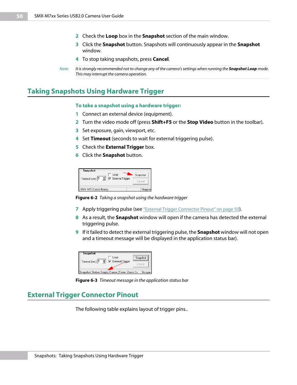 Taking snapshots using hardware trigger, External trigger connector pinout | Sumix SMX-M7xx User Manual | Page 50 / 98