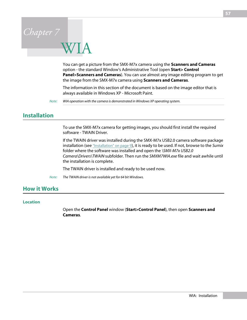 Installation, How it works, Location | Chapter 7 wia, Chapter 7 | Sumix SMX-M7xx User Manual | Page 57 / 98