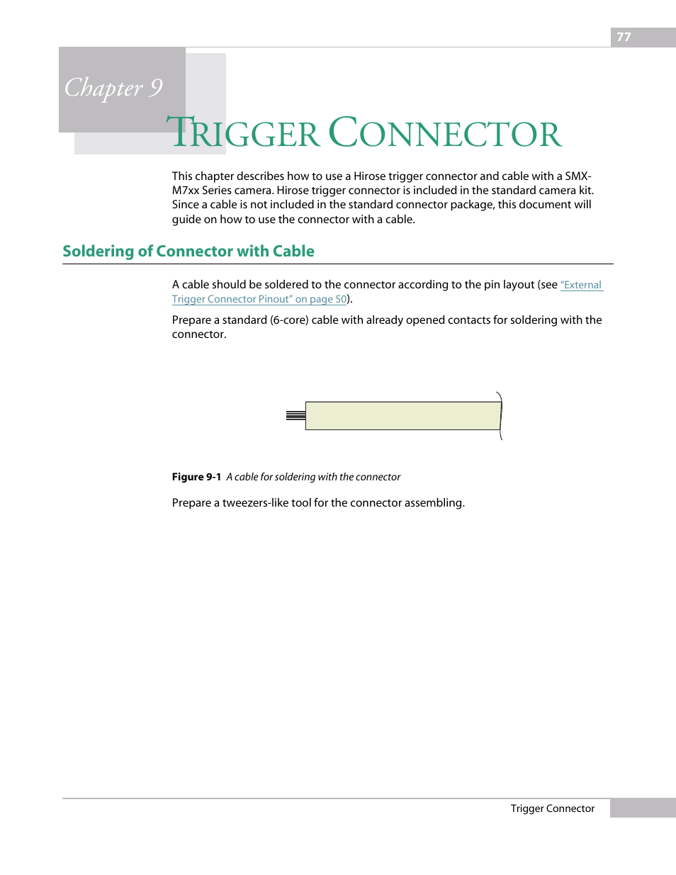 Trigger connector, Soldering of connector with cable, Chapter 9 tr | Rigger, Onnector, Chapter 9 | Sumix SMX-M7xx User Manual | Page 77 / 98